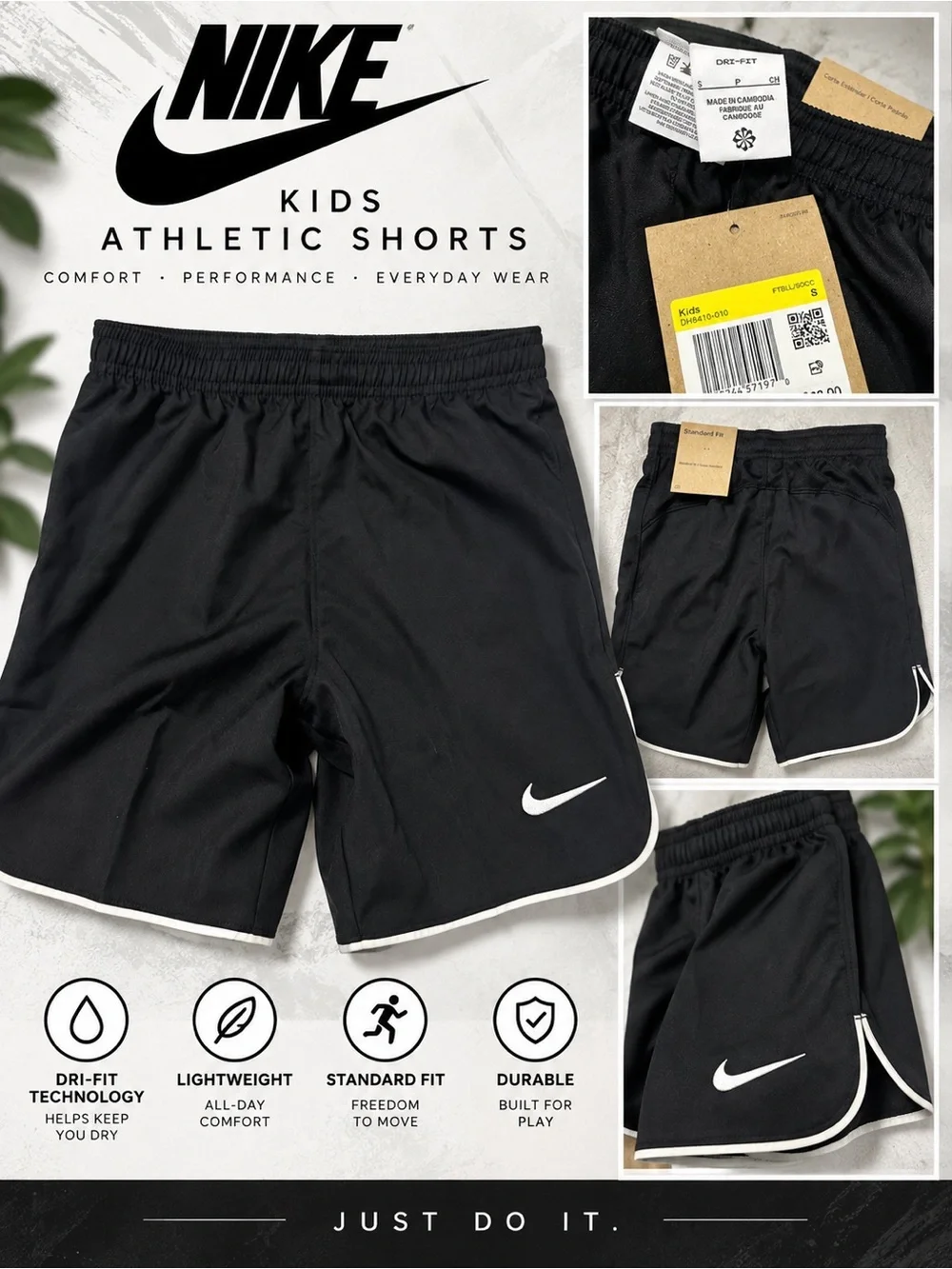 Nike Kids Black Athletic Shorts with White Swoosh Trim Size Small